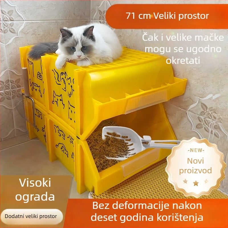 Kutija za mačji pijesak s podignutim debelim zidovima i otvorenim kliznim otvorom protiv prskanja; kutija za dijelove i potrepštine za mačke i pse