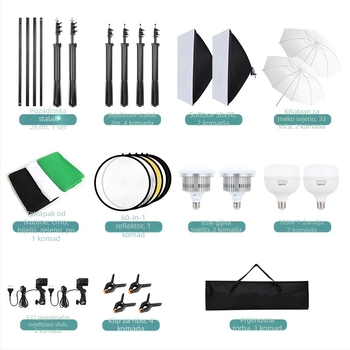 Photography soft light box set – Kalin profesionalni fotografijski kit s kontinuiranim osvjetljenjem, okvirom za pozadinu i kišobran lampom; težina 8 kg