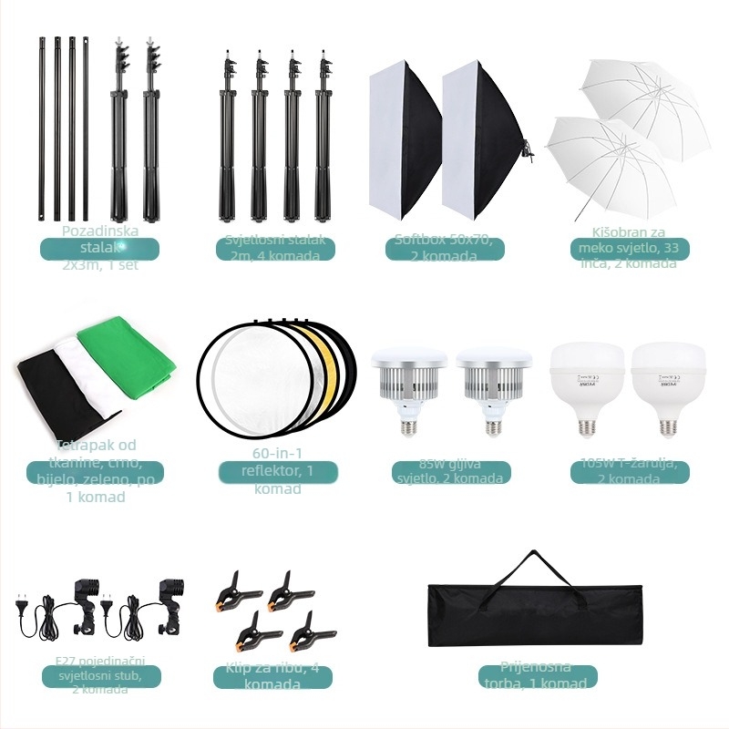 Photography soft light box set – Kalin profesionalni fotografijski kit s kontinuiranim osvjetljenjem, okvirom za pozadinu i kišobran lampom; težina 8 kg