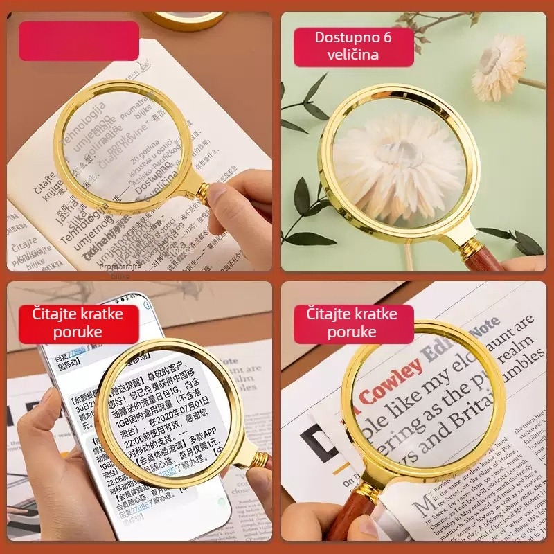 Okrugla ručna lupa s drvenim uzorkom, 100x povećanje, HD čitanje, zaštita očiju za starije osobe
