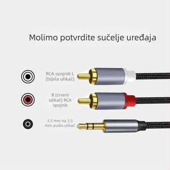 Audio kabel 3.5mm na 2RCA, zlatnog pozlaćeno bakreno jezgro, gole bakrene vodiče, za digitalne uređaje