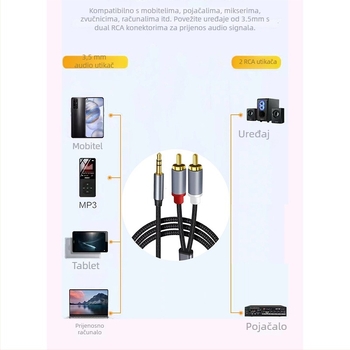 Audio kabel 3.5mm na 2RCA, zlatnog pozlaćeno bakreno jezgro, gole bakrene vodiče, za digitalne uređaje