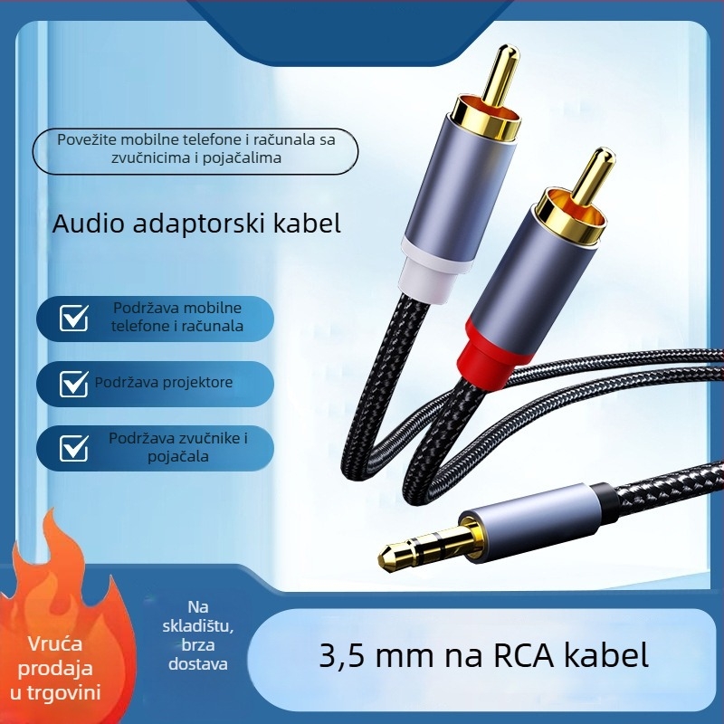 Audio kabel 3.5mm na 2RCA, zlatnog pozlaćeno bakreno jezgro, gole bakrene vodiče, za digitalne uređaje