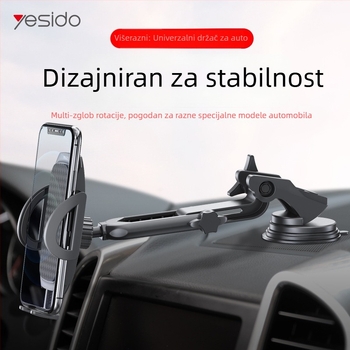 Yesido Lazy Man držač za telefon u automobilu s usisnom čašom, dvostrukim rotirajućim dizajnom, teleskopskom rukom, ABS i silikon materijal, mogućnost prilagodbe