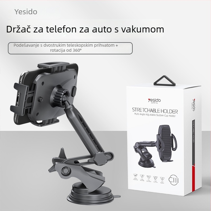 Yesido Lazy Man držač za telefon u automobilu s usisnom čašom, dvostrukim rotirajućim dizajnom, teleskopskom rukom, ABS i silikon materijal, mogućnost prilagodbe
