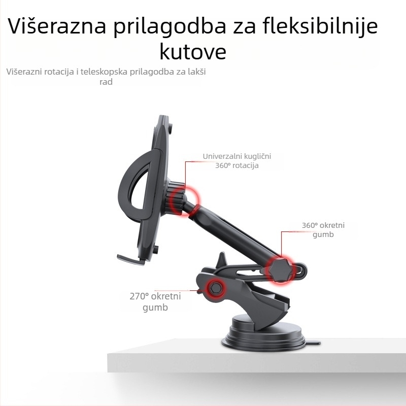 Yesido Lazy Man držač za telefon u automobilu s usisnom čašom, dvostrukim rotirajućim dizajnom, teleskopskom rukom, ABS i silikon materijal, mogućnost prilagodbe