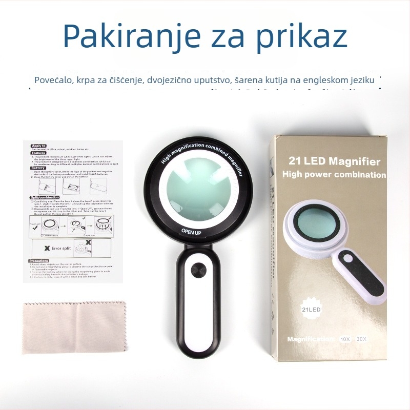 Ručna povećavajuća lupa s dvostrukim lećama 10x/30x i LED osvjetljenjem za čitanje i ocjenu antikviteta