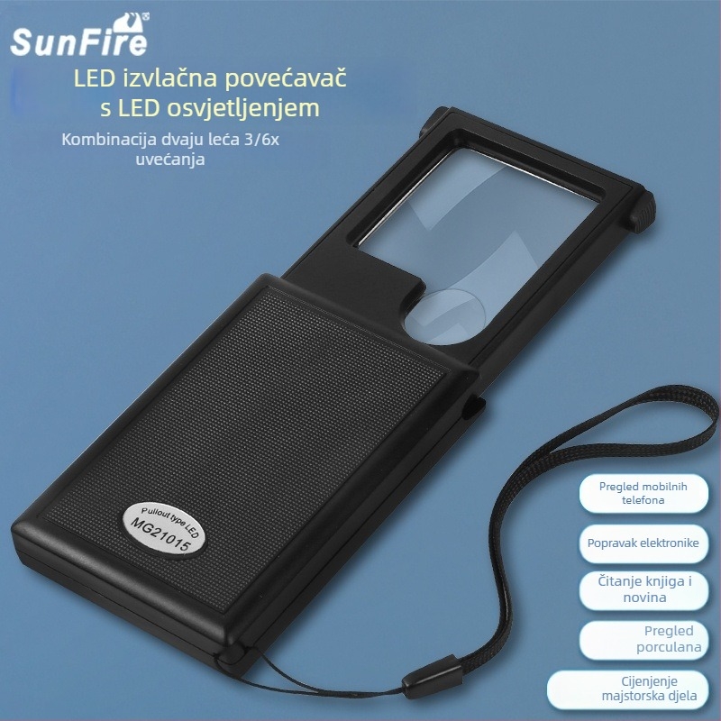 Sun fire izvlačna ručna lupa za čitanje s LED svjetlom, 3x/6x povećanje, za starije osobe, kompaktna za putovanja, model 21015
