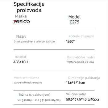 Yesido Držač za mobitel na stol s vakuumom, univerzalan za kamione i velika vozila, teleskopskog i okrenuti, višefunkcionalan