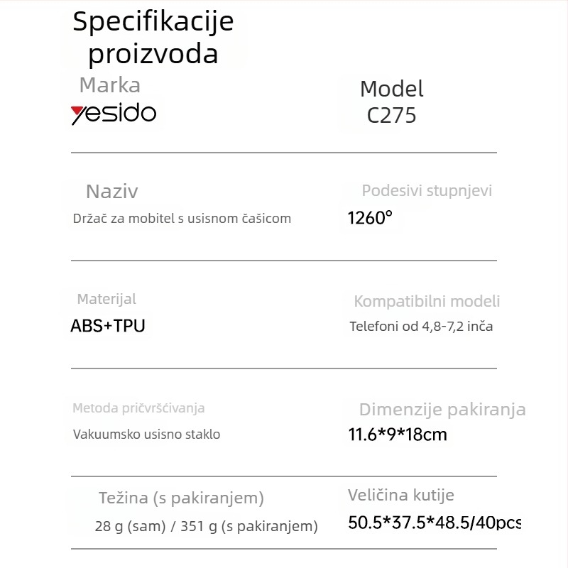 Yesido Držač za mobitel na stol s vakuumom, univerzalan za kamione i velika vozila, teleskopskog i okrenuti, višefunkcionalan