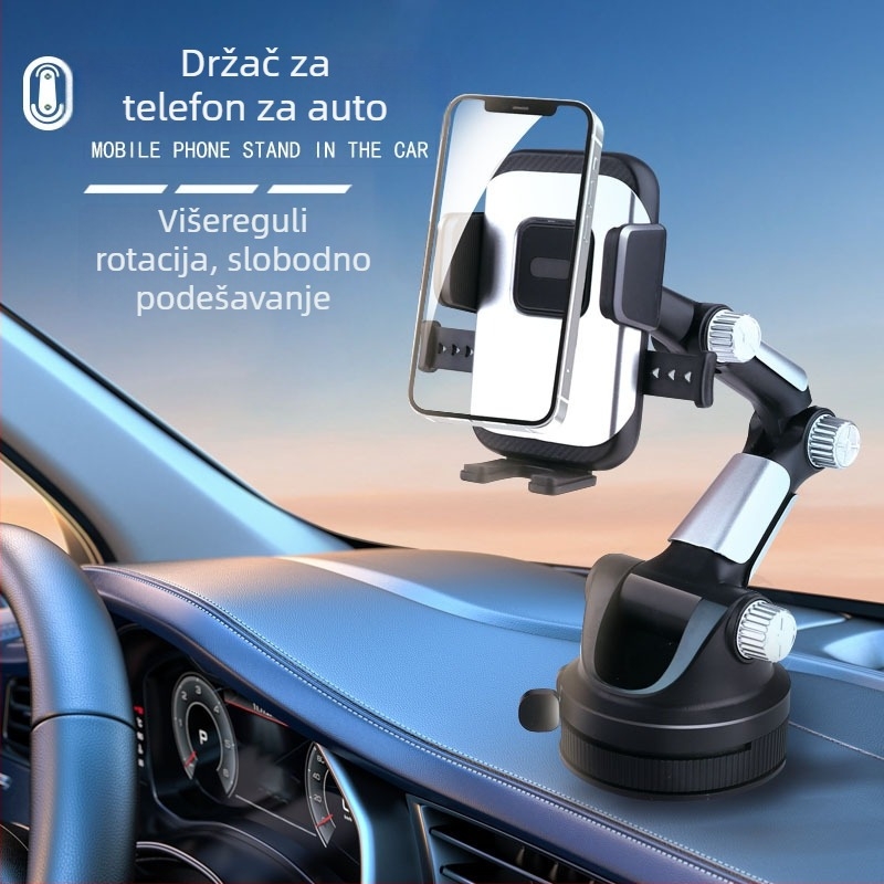 Držač za telefon u automobilu s rotirajućim mehanizmom, velika usisna čašica, kompatibilan s pločom instrumenata i vjetrobranskim staklom, legura, univerzalno