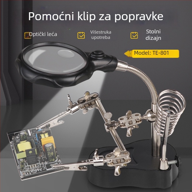 Stolno povećalo s klipsnim držačem i LED osvjetljenjem za popravak PCB-a i lemljenje