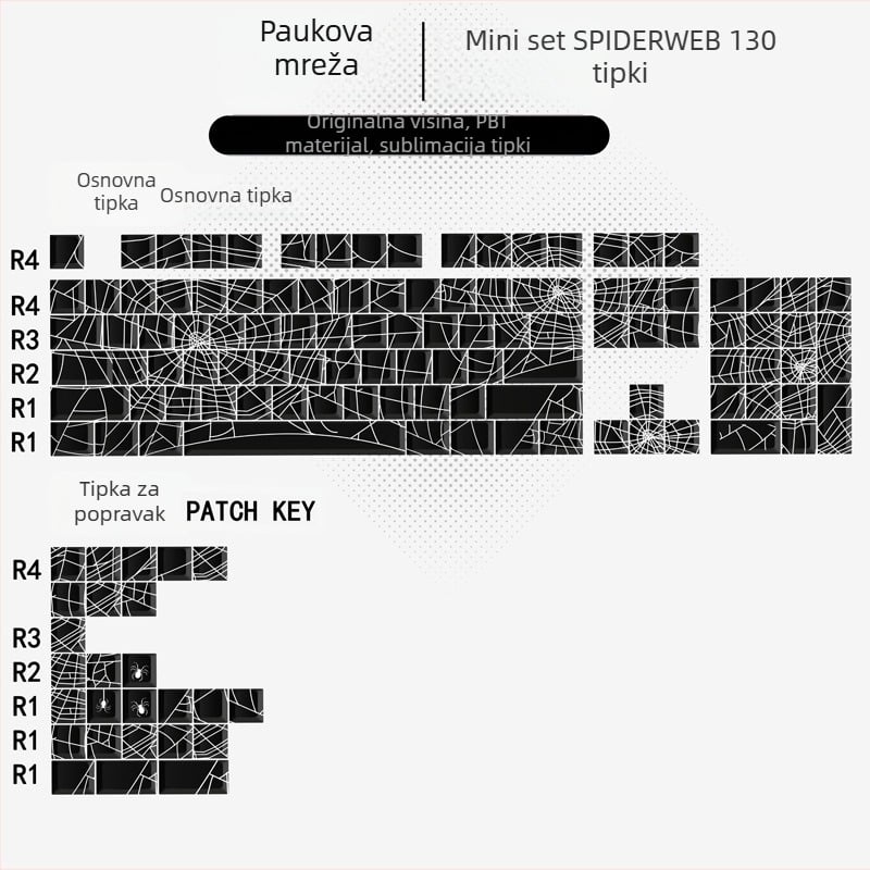 Set tipki PBT za mehaničku tipkovnicu, Cherry izvorni profil visine, bočno graviranje, sublimacija, 130 tipki