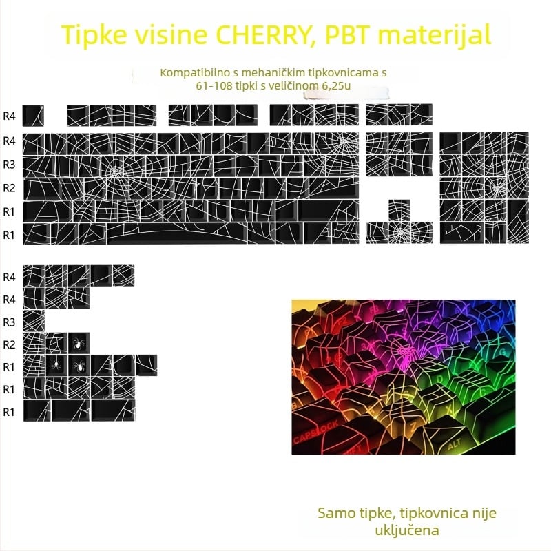 Set tipki PBT za mehaničku tipkovnicu, Cherry izvorni profil visine, bočno graviranje, sublimacija, 130 tipki