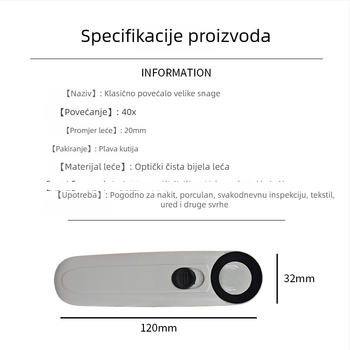 Lupa za nakit 40x, ručna, dvostruko LED osvjetljenje, plastično kućište s akrilnom lećom, model 6B-1B
