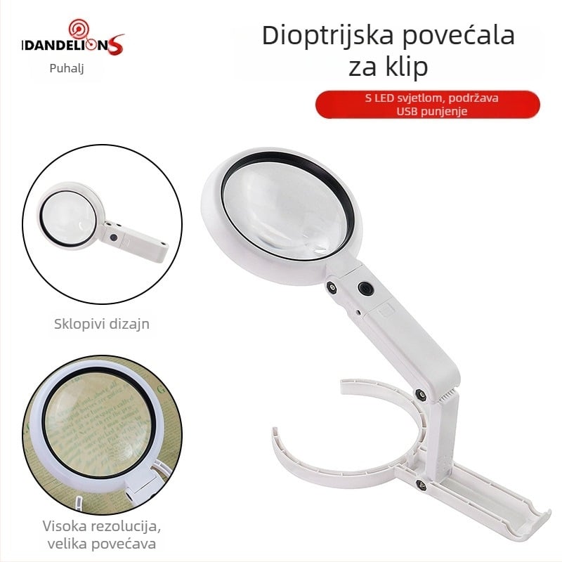 Sklopiva ručna lupa s 8 LED, USB napajanje, 10x povećanje, HD čitanje