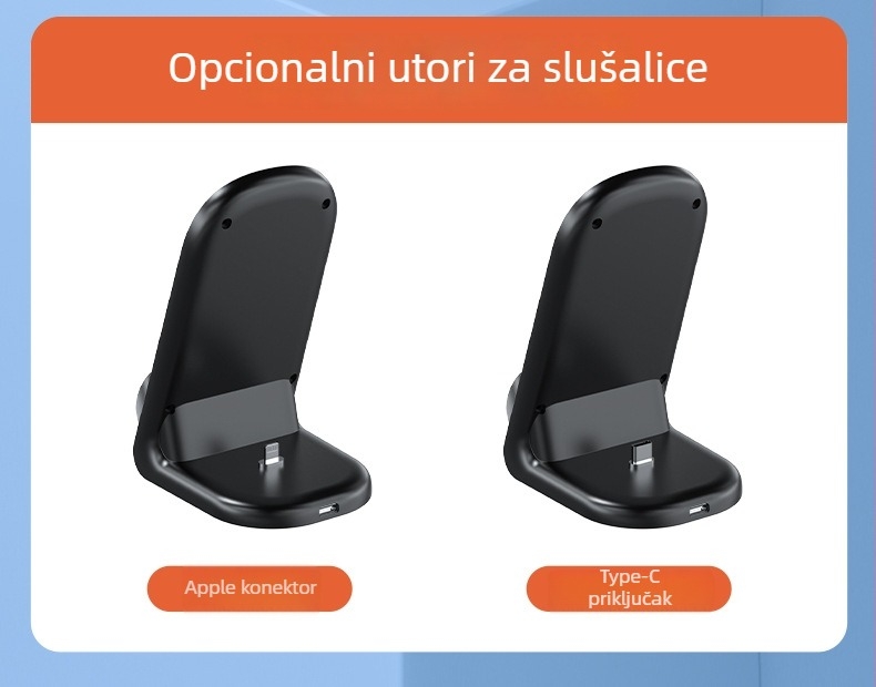 Bežični stolni punjač 3-u-1 s digitalnim satom i punjačem za Bluetooth slušalice — 15W Qi, QC3.0, 9V/1.6A, ukupna snaga 20W
