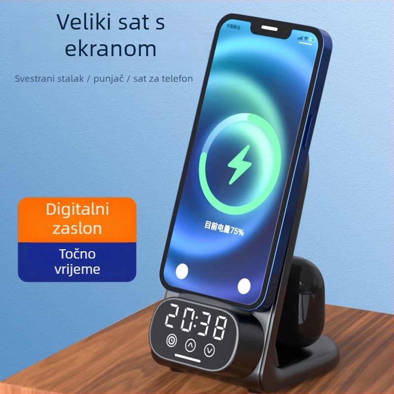 Bežični stolni punjač 3-u-1 s digitalnim satom i punjačem za Bluetooth slušalice — 15W Qi, QC3.0, 9V/1.6A, ukupna snaga 20W