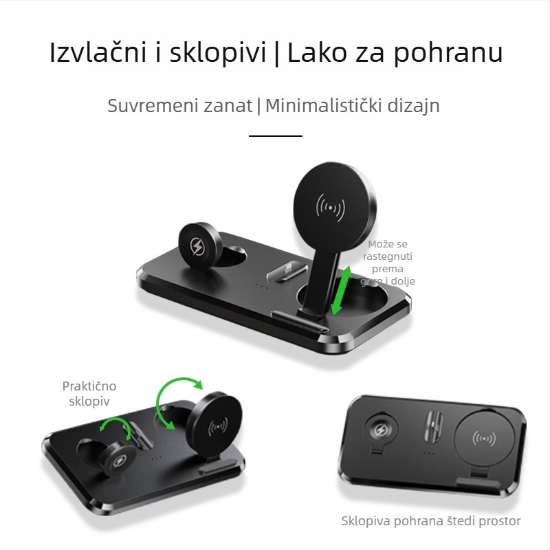 Stolni bežični punjač 3-u-1, sklopivi, 15W brzo punjenje za telefon, slušalice i sat