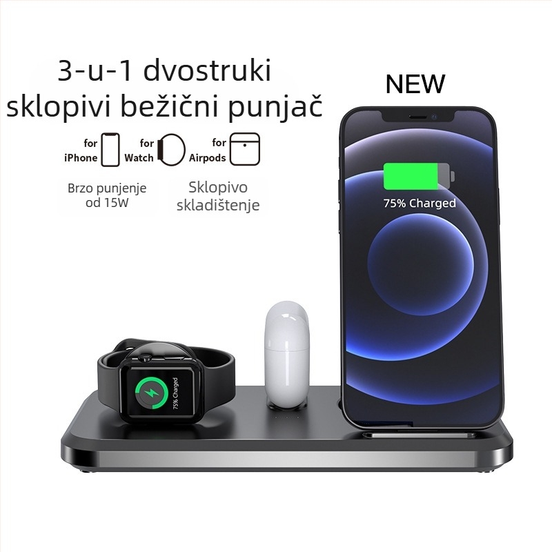 Stolni bežični punjač 3-u-1, sklopivi, 15W brzo punjenje za telefon, slušalice i sat