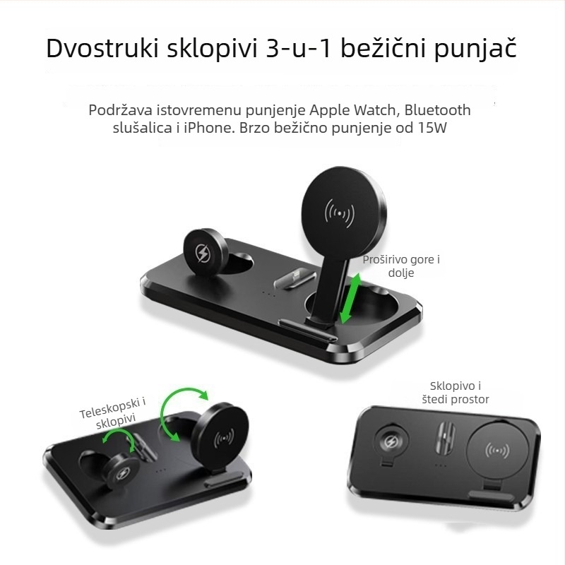 Stolni bežični punjač 3-u-1, sklopivi, 15W brzo punjenje za telefon, slušalice i sat