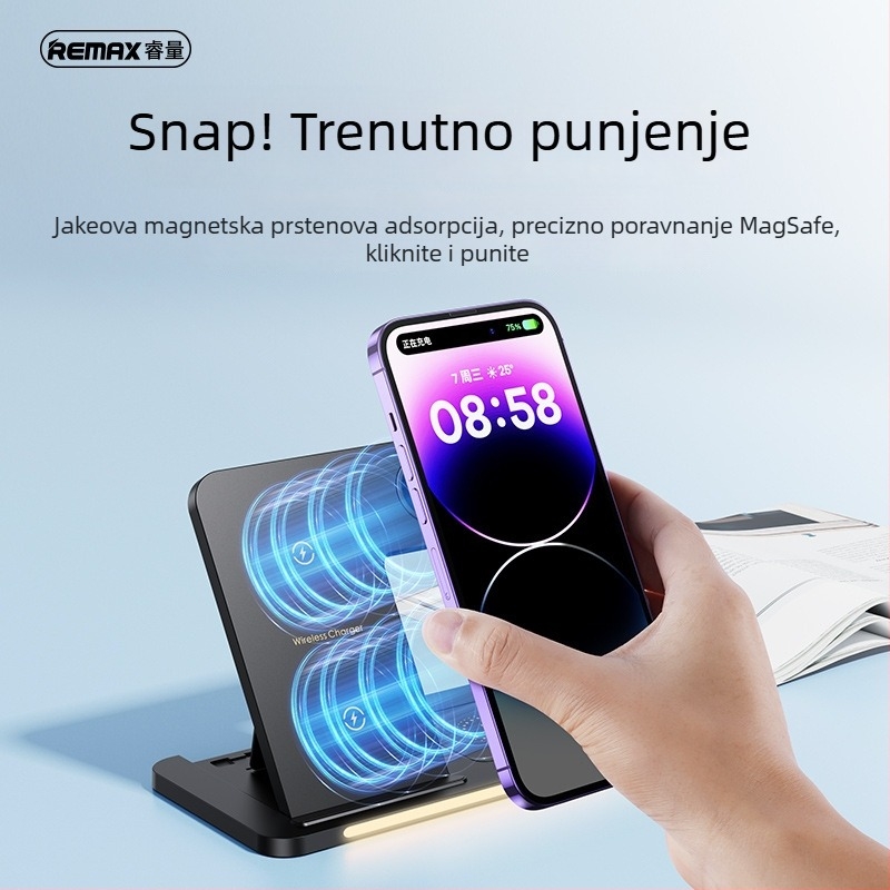 Remax stolni 3-u-1 magnetski bežični punjač za mobitel, sat i slušalice (RB-W70) – PD, magnetsko punjenje, 22W, 3A, sklopiva