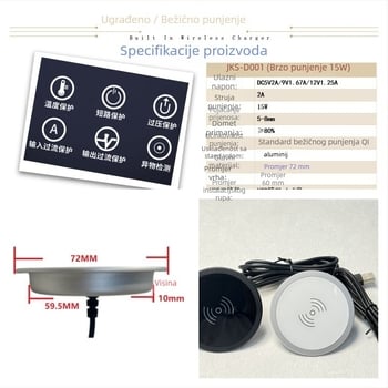 Ugrađeni bežični punjač od aluminijske legure – 15W brzo punjenje, QC3.0, otvor Ø60 mm za namještaj, kućište od aluminija