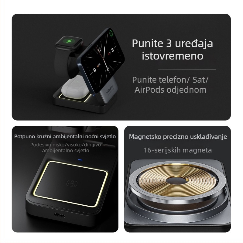 Stolni bežični punjač 3-u-1 s magnetnim držačem za telefon i noćnom lampom, PD brzo punjenje, do 15W