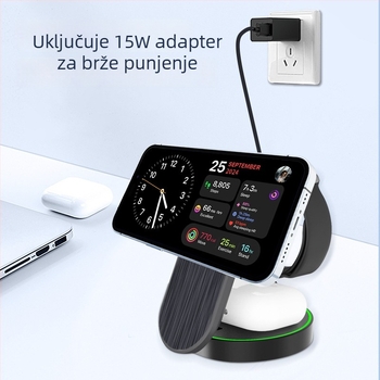 Magnetski 3-u-1 sklopivi bežični punjač s držačem za stol – 15W, QC3.0 brzo punjenje, magnetsko punjenje, ABS kućište, kompatibilan s iPhone, Apple Watch i AirPods