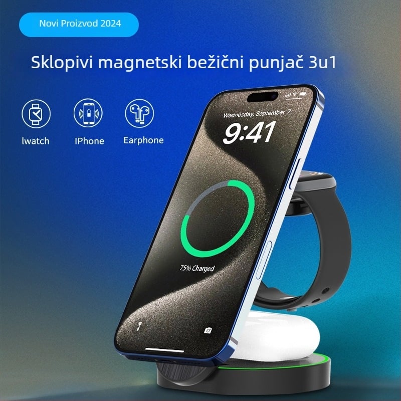 Magnetski 3-u-1 sklopivi bežični punjač s držačem za stol – 15W, QC3.0 brzo punjenje, magnetsko punjenje, ABS kućište, kompatibilan s iPhone, Apple Watch i AirPods