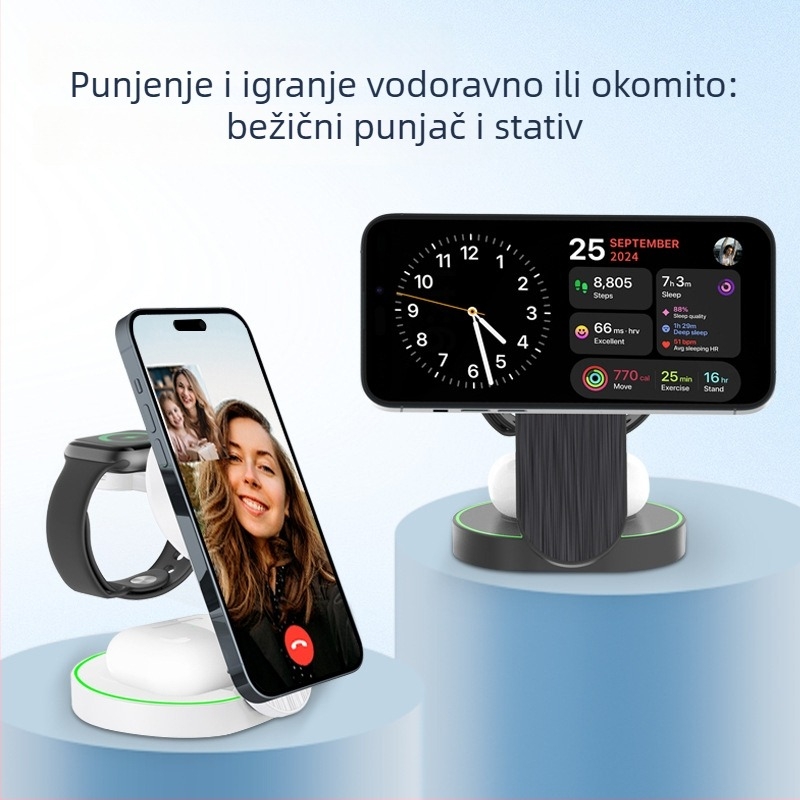Magnetski 3-u-1 sklopivi bežični punjač s držačem za stol – 15W, QC3.0 brzo punjenje, magnetsko punjenje, ABS kućište, kompatibilan s iPhone, Apple Watch i AirPods
