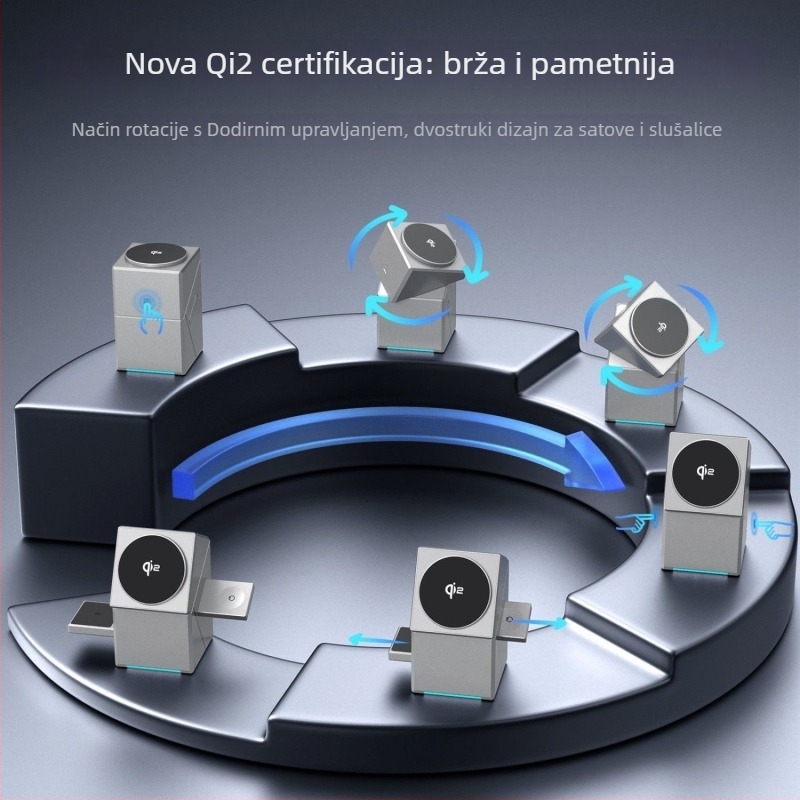 Qi2 bežični punjač 15W s rotirajućim stolnim držačem u obliku Rubikove kocke – 3-u-1, magnetsko punjenje, PD brzo punjenje