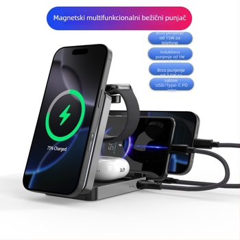 5-u-1 magnetski bežični punjač s preklopnim držačem, QC3.0 brzo punjenje, ukupna snaga 40W, izlaz 3A, magnetsko punjenje za iPhone, iPad i Apple Watch
