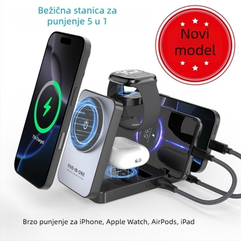 5-u-1 magnetski bežični punjač s preklopnim držačem, QC3.0 brzo punjenje, ukupna snaga 40W, izlaz 3A, magnetsko punjenje za iPhone, iPad i Apple Watch