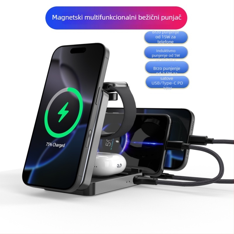5-u-1 magnetski bežični punjač s preklopnim držačem, QC3.0 brzo punjenje, ukupna snaga 40W, izlaz 3A, magnetsko punjenje za iPhone, iPad i Apple Watch