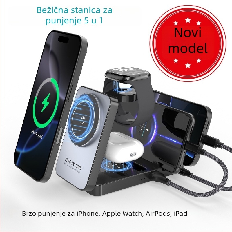 5-u-1 magnetski bežični punjač s preklopnim držačem, QC3.0 brzo punjenje, ukupna snaga 40W, izlaz 3A, magnetsko punjenje za iPhone, iPad i Apple Watch