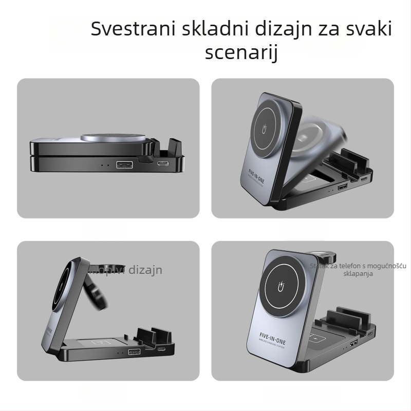 5-u-1 magnetski bežični punjač s preklopnim držačem, QC3.0 brzo punjenje, ukupna snaga 40W, izlaz 3A, magnetsko punjenje za iPhone, iPad i Apple Watch