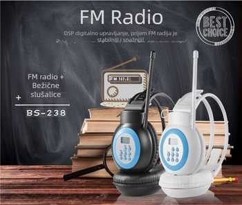 Bežične FM slušalice za učenje jezika, 40 mm drajvera, 3,5 mm priključak, frekvencijski raspon 20–18000 Hz, 1% distorzija, nosive na glavi