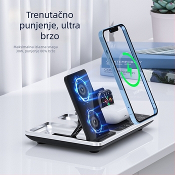 Višestruki stolni bežični punjač – Apple-kompatibilan, 15W brzo punjenje, ukupna snaga 22,5W, izlazni tok 2,5A, QC2.0 protokol