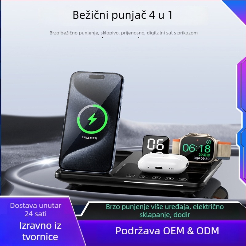 Višestruki stolni bežični punjač – Apple-kompatibilan, 15W brzo punjenje, ukupna snaga 22,5W, izlazni tok 2,5A, QC2.0 protokol