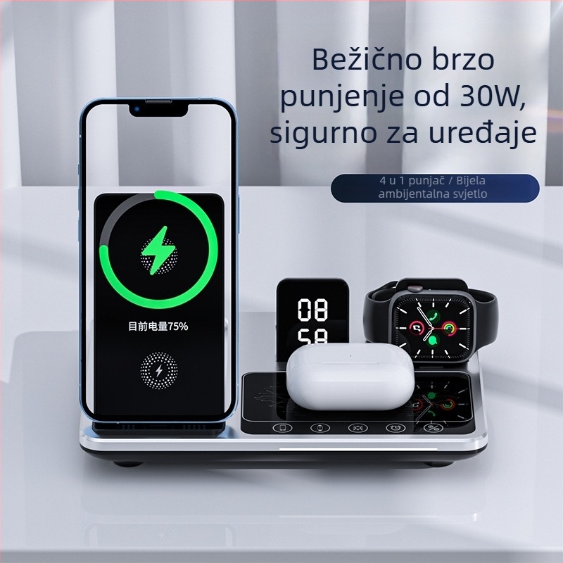 Višestruki stolni bežični punjač – Apple-kompatibilan, 15W brzo punjenje, ukupna snaga 22,5W, izlazni tok 2,5A, QC2.0 protokol