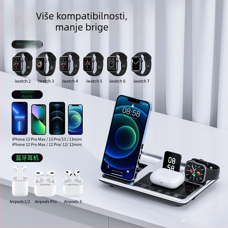Višestruki stolni bežični punjač – Apple-kompatibilan, 15W brzo punjenje, ukupna snaga 22,5W, izlazni tok 2,5A, QC2.0 protokol