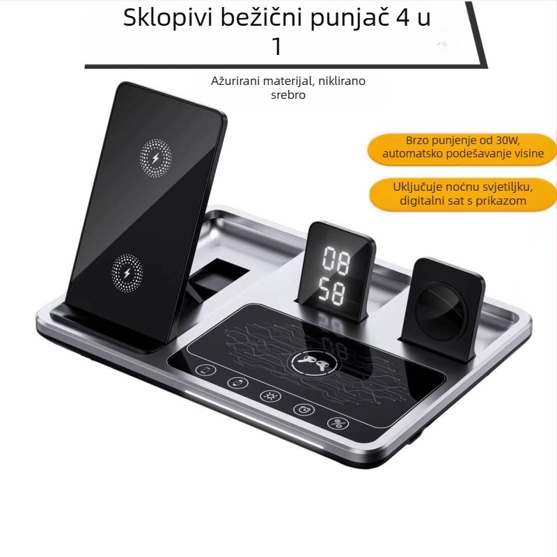 Višestruki stolni bežični punjač – Apple-kompatibilan, 15W brzo punjenje, ukupna snaga 22,5W, izlazni tok 2,5A, QC2.0 protokol