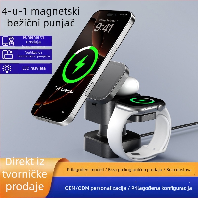 Jiujiu 4-u-1 MagSafe Bežično punjenje za iPhone, Slušalice i Apple Watch – magnetsko punjenje, istodobno punjenje telefona, sata i slušalica, sklopivi dizajn, izlaz 15W