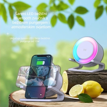 Bluetooth zvučnik s bežičnim punjenjem 15W, 5W izlaz zvučnika, QC3.0 brzo punjenje, RGB rasvjeta, noćno svjetlo s 3 razine