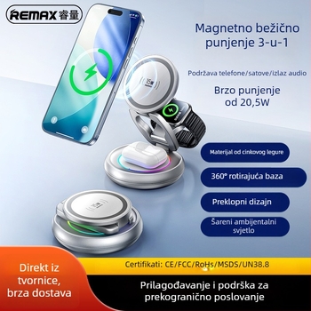 Remax 3-u-1 magnetski bežični punjač za iPhone, Apple Watch i AirPods — Qi2, do 15W, magnetsko punjenje, sklopivi dizajn