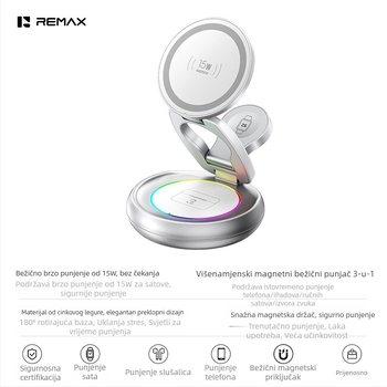 Remax 3-u-1 magnetski bežični punjač za iPhone, Apple Watch i AirPods — Qi2, do 15W, magnetsko punjenje, sklopivi dizajn