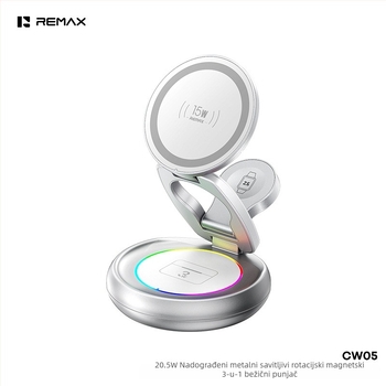 Remax 3-u-1 magnetski bežični punjač za iPhone, Apple Watch i AirPods — Qi2, do 15W, magnetsko punjenje, sklopivi dizajn