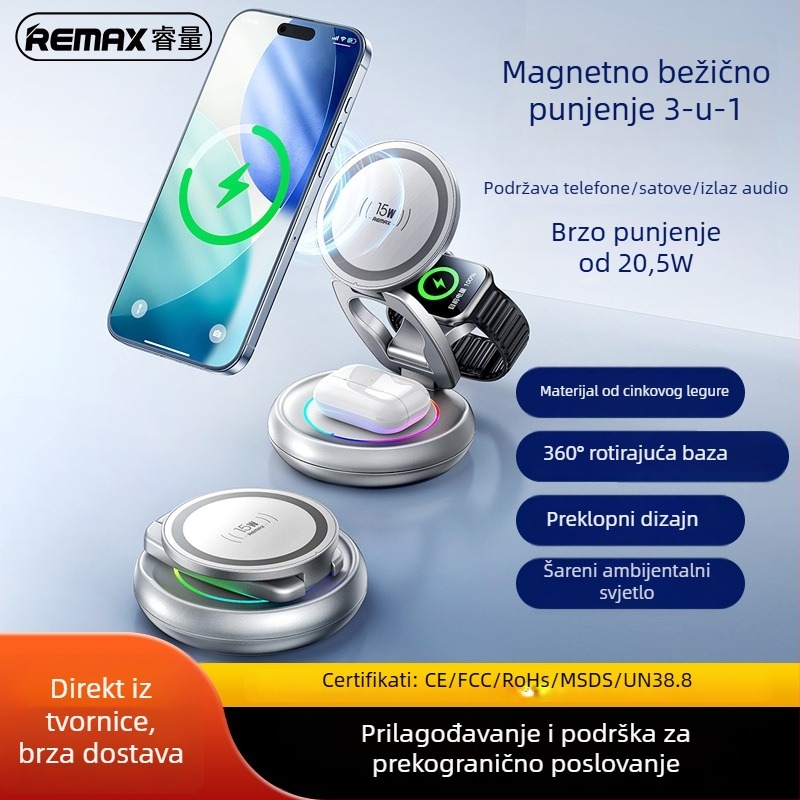 Remax 3-u-1 magnetski bežični punjač za iPhone, Apple Watch i AirPods — Qi2, do 15W, magnetsko punjenje, sklopivi dizajn