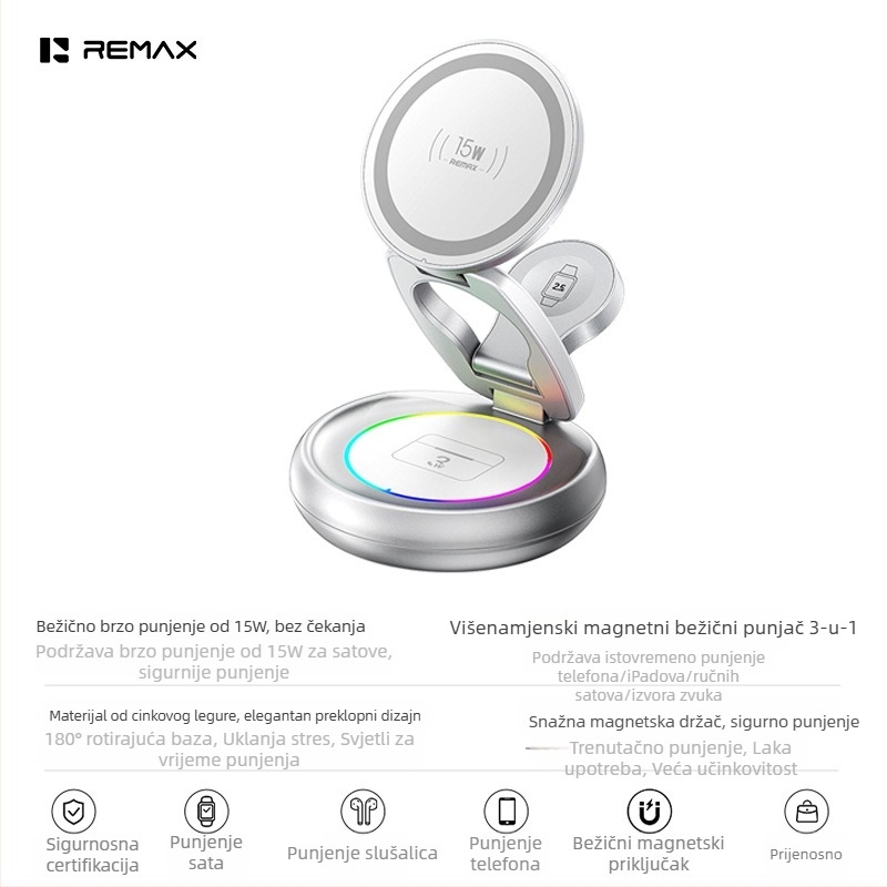 Remax 3-u-1 magnetski bežični punjač za iPhone, Apple Watch i AirPods — Qi2, do 15W, magnetsko punjenje, sklopivi dizajn